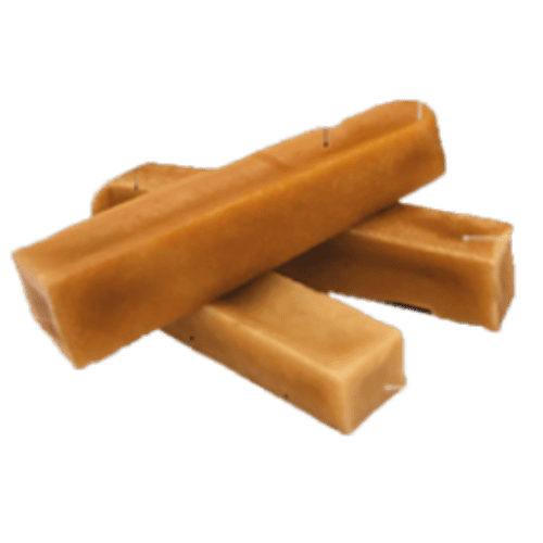 A stack of three light brown, rectangular churros on a green background.